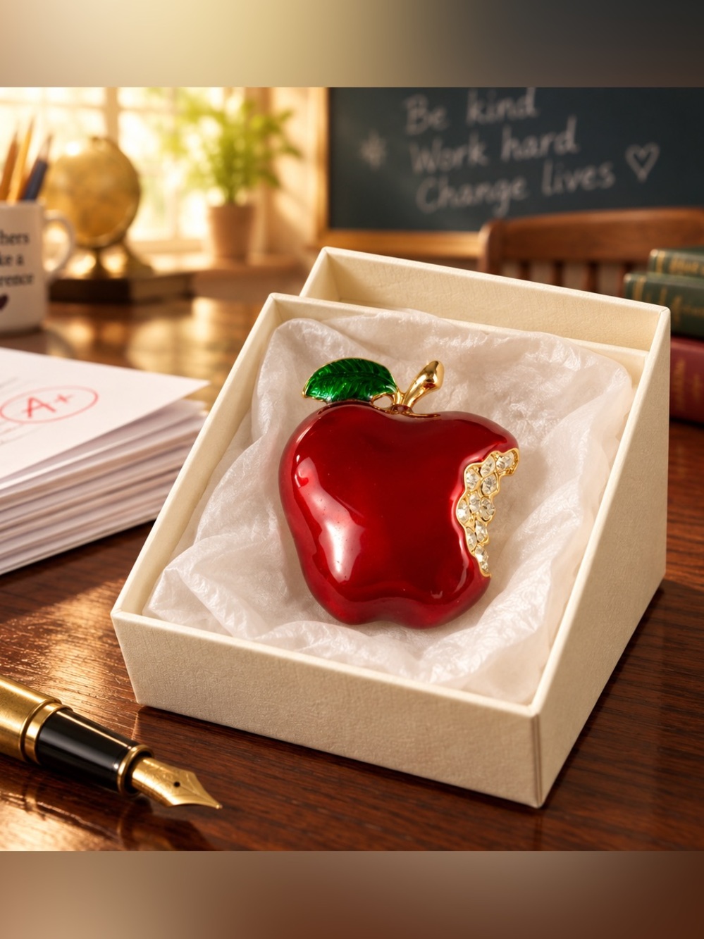 Vintage Saxon Rhinestone Enameled Apple with Bite Brooch Pin Signed Teacher Gift